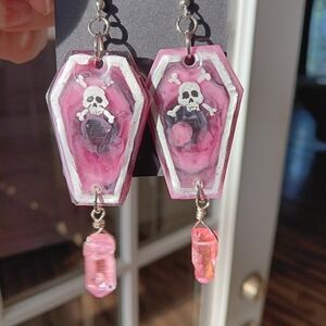 Pink Skull Coffin Earrings